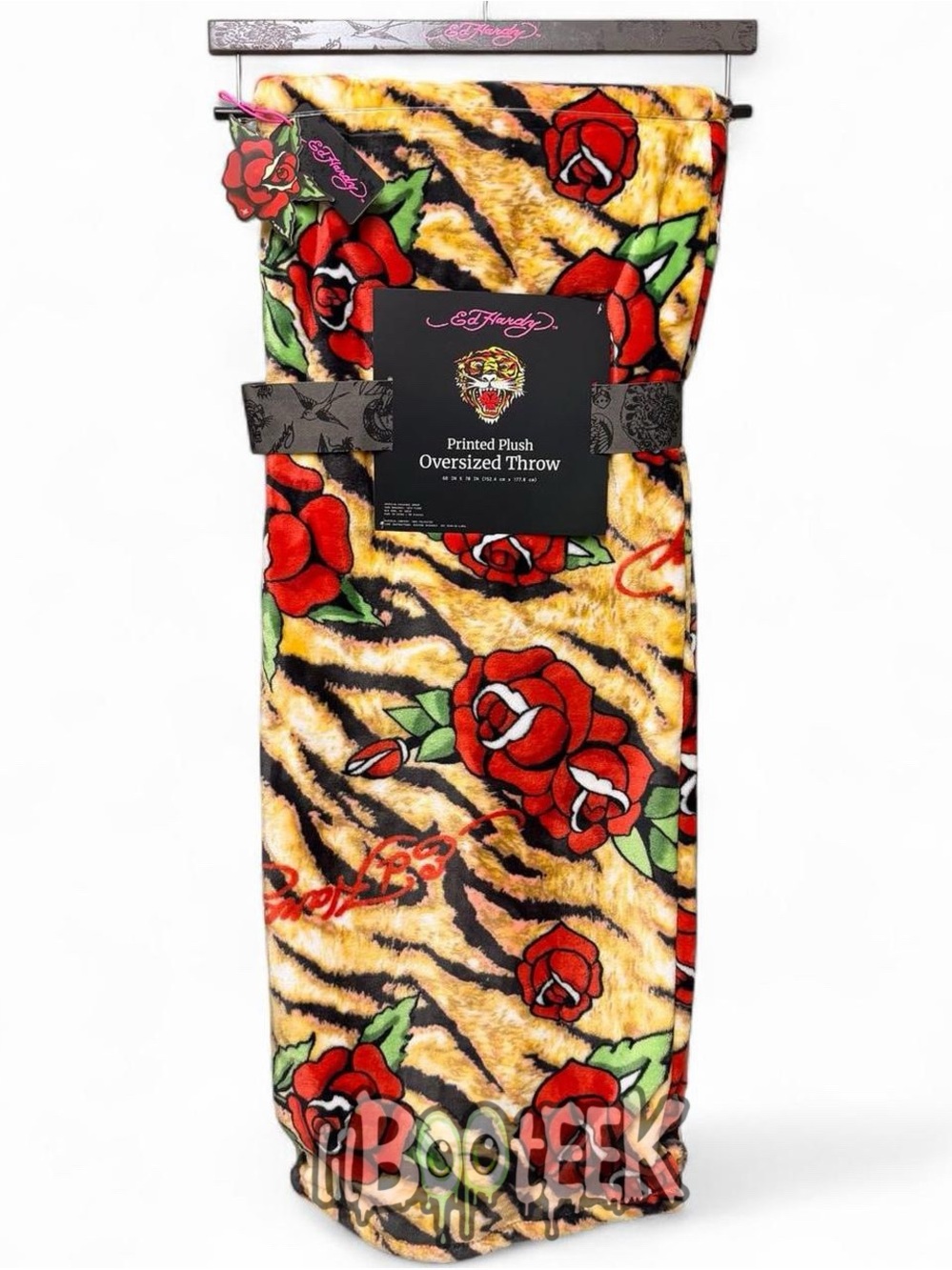 Ed Hardy Tiger Print w Roses & Logo Printed Plush Oversized Throw Blanket
